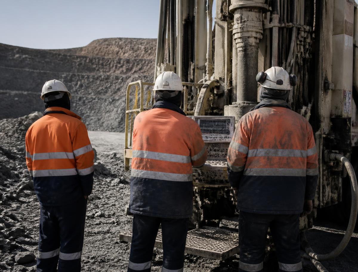 Industrial field crew in high-visibility workwear at a remote drilling site